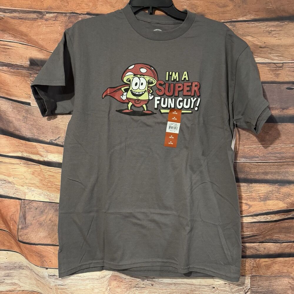 Humor Men's I'm A Super Fun Guy Mushroom Graphic T-Shirt Gray Size Medium NWT